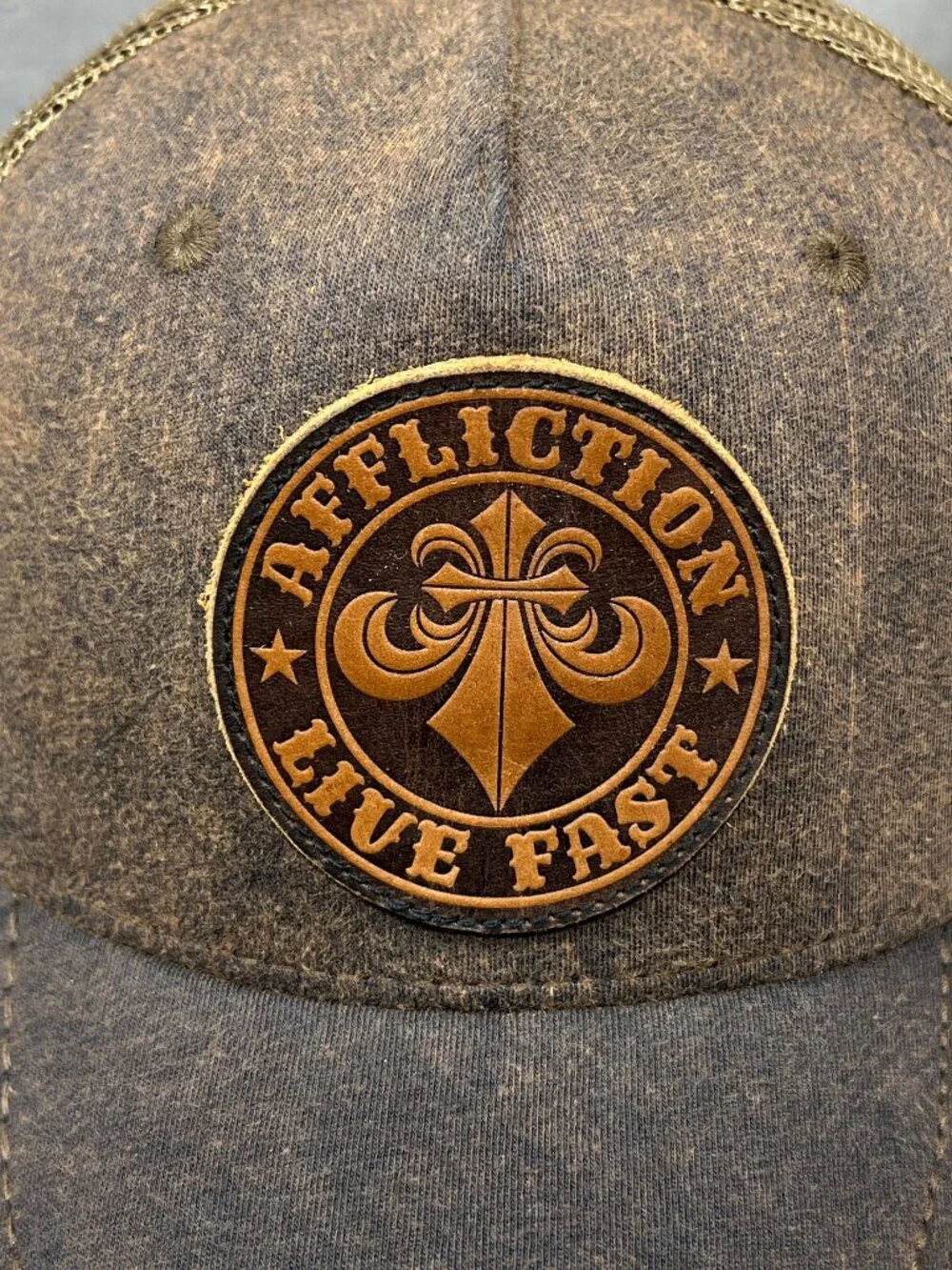 Affliction Live Fast Trucker Hat Snapback Brown Leather Patch Distressed Cap